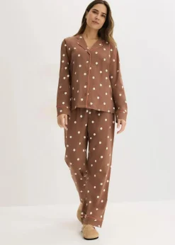 bonprix Nachtwäsche|Wäsche·Nachtwäsche^Pyjama aus weicher Baumwolle maronenbraun/naturbeige gepunktet