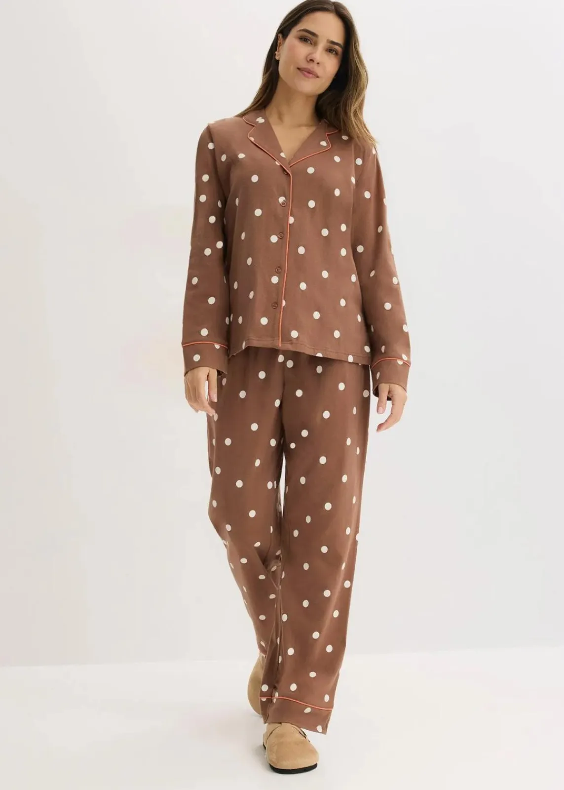 bonprix Nachtwäsche|Wäsche·Nachtwäsche^Pyjama aus weicher Baumwolle maronenbraun/naturbeige gepunktet