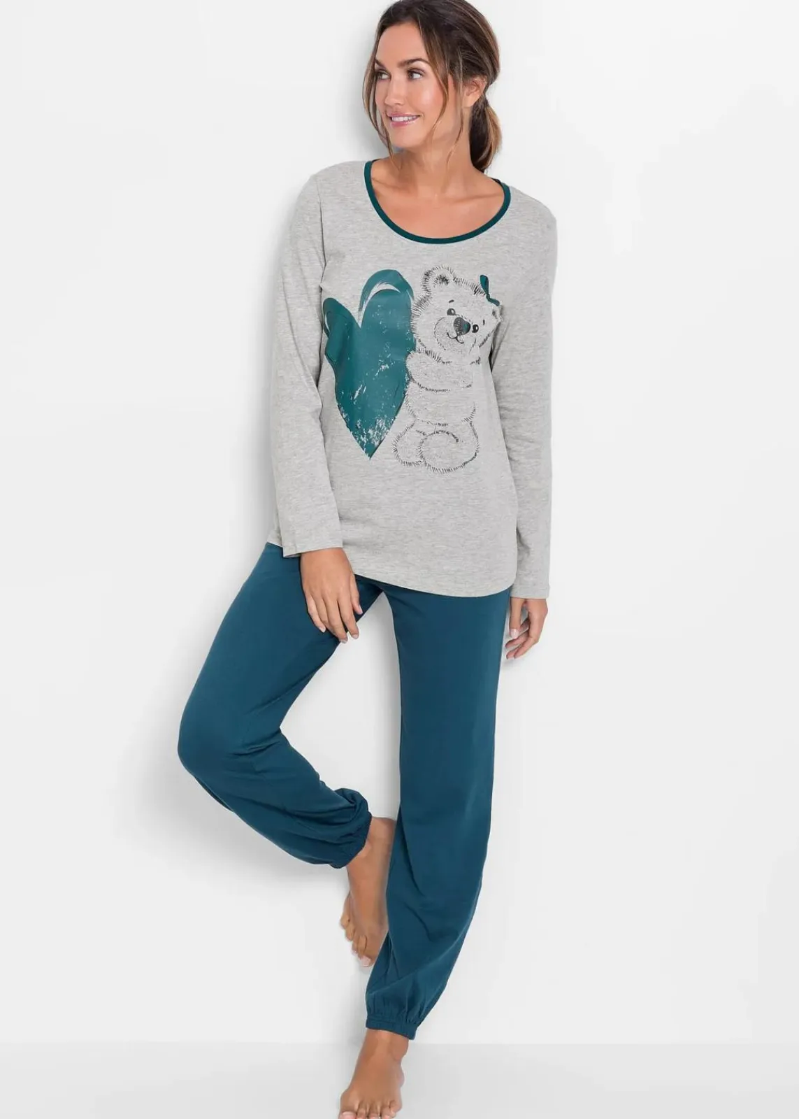 bonprix Wäsche·Nachtwäsche|Nachhaltigere Materialien^Pyjama mit Bio-Baumwolle blaupetrol bedruckt