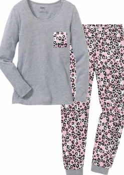 bonprix Wäsche·Nachtwäsche|Nachhaltigere Materialien^Pyjama mit Bio-Baumwolle grau meliert/puderrosa bedruckt