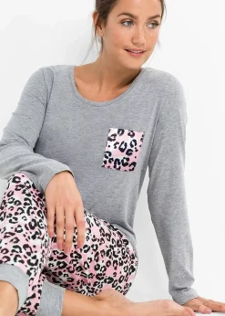 bonprix Wäsche·Nachtwäsche|Nachhaltigere Materialien^Pyjama mit Bio-Baumwolle grau meliert/puderrosa bedruckt