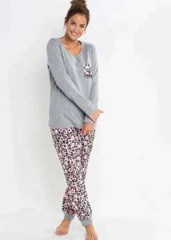 bonprix Wäsche·Nachtwäsche|Nachhaltigere Materialien^Pyjama mit Bio-Baumwolle grau meliert/puderrosa bedruckt