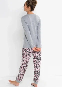 bonprix Wäsche·Nachtwäsche|Nachhaltigere Materialien^Pyjama mit Bio-Baumwolle grau meliert/puderrosa bedruckt