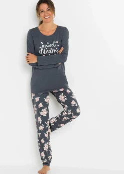 bonprix Wäsche·Nachtwäsche|Nachhaltigere Materialien^Pyjama mit Bio-Baumwolle blau meliert geblümt