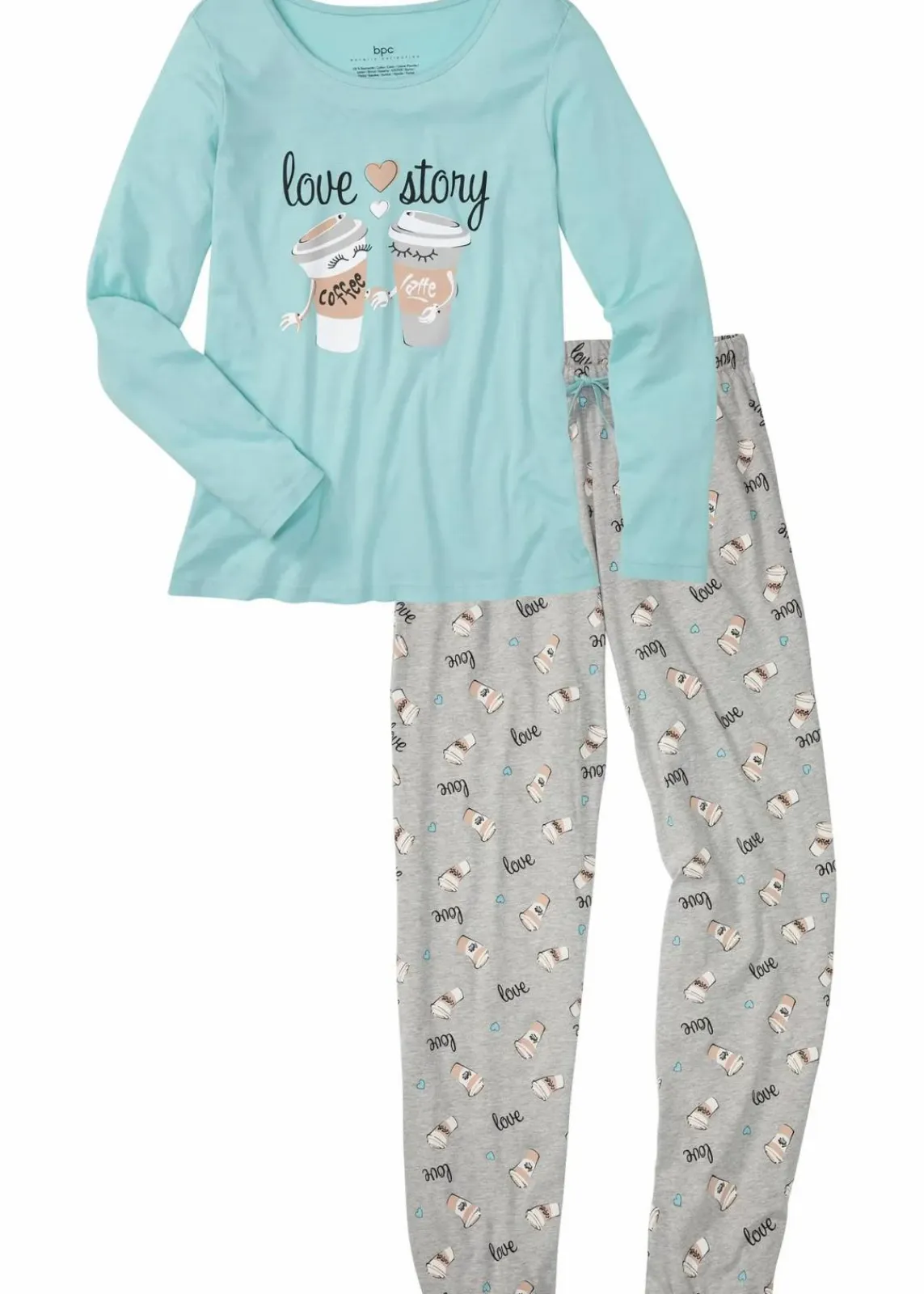 bonprix Wäsche·Nachtwäsche|Nachhaltigere Materialien^Pyjama mit Bio-Baumwolle aquapastell/hellgrau meliert bedruckt