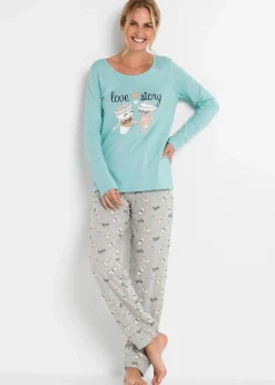 bonprix Wäsche·Nachtwäsche|Nachhaltigere Materialien^Pyjama mit Bio-Baumwolle aquapastell/hellgrau meliert bedruckt