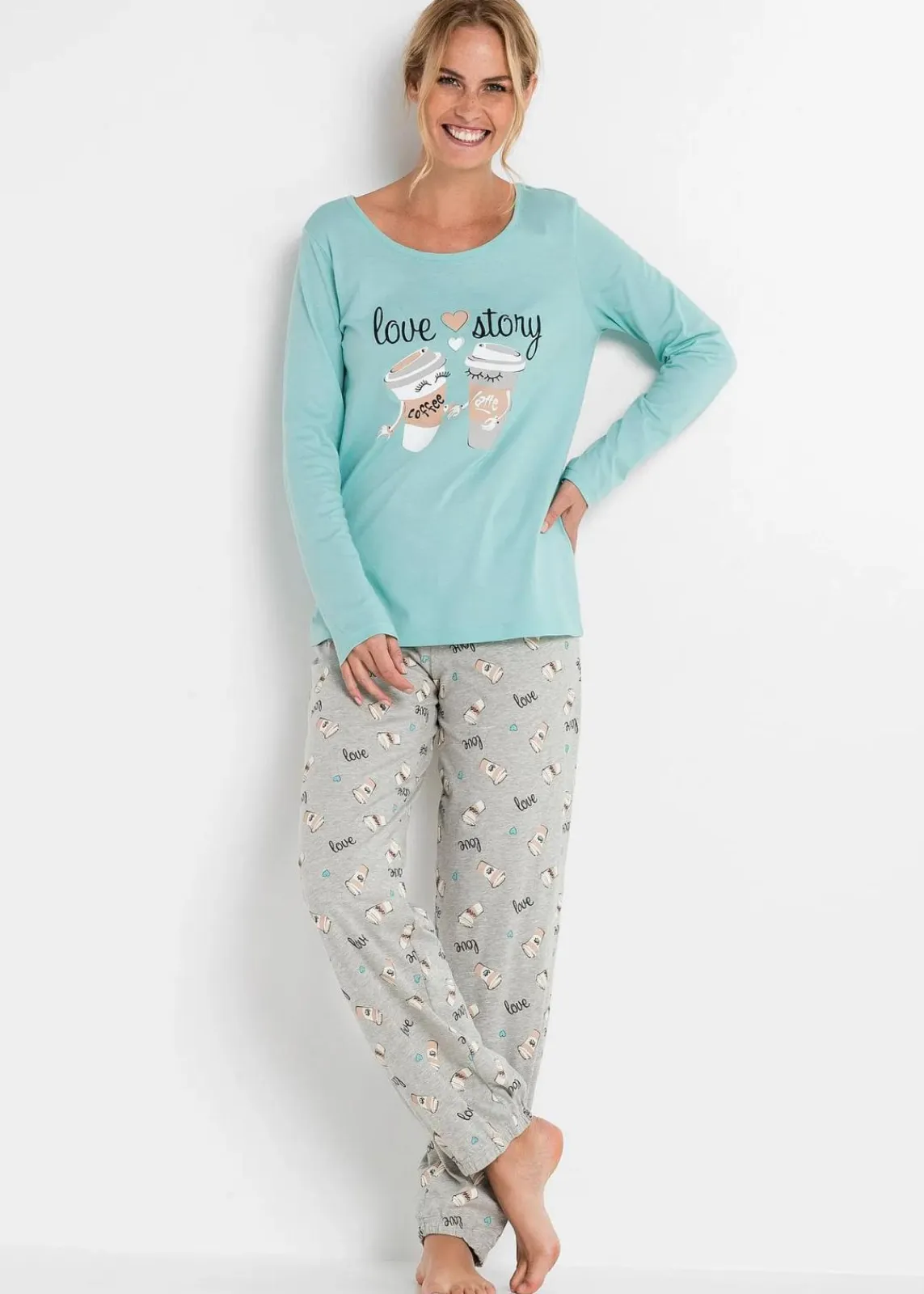 bonprix Wäsche·Nachtwäsche|Nachhaltigere Materialien^Pyjama mit Bio-Baumwolle aquapastell/hellgrau meliert bedruckt