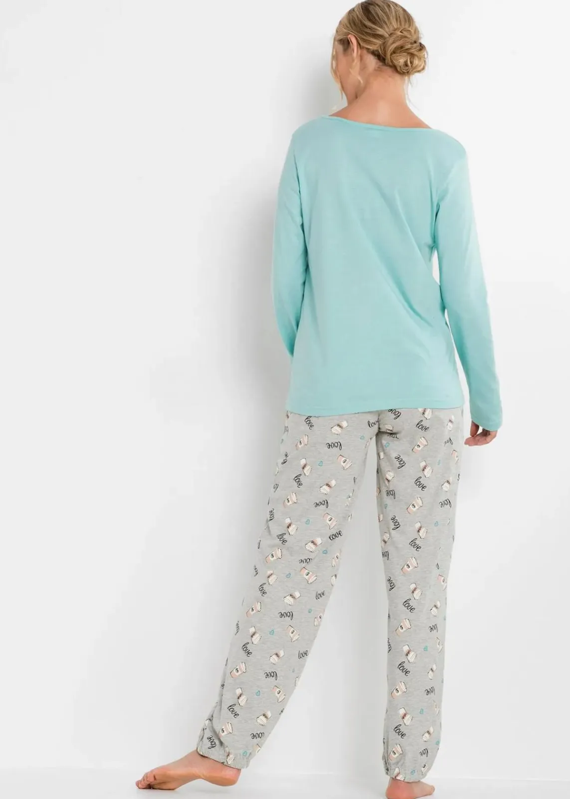 bonprix Wäsche·Nachtwäsche|Nachhaltigere Materialien^Pyjama mit Bio-Baumwolle aquapastell/hellgrau meliert bedruckt