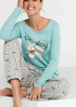 bonprix Wäsche·Nachtwäsche|Nachhaltigere Materialien^Pyjama mit Bio-Baumwolle aquapastell/hellgrau meliert bedruckt