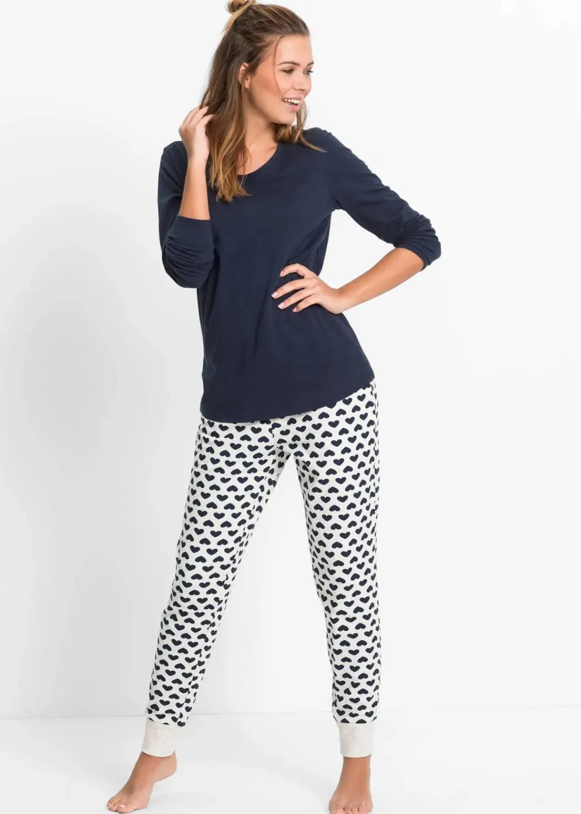 bonprix Wäsche·Nachtwäsche|Nachhaltigere Materialien^Pyjama mit Bio-Baumwolle dunkelblau/naturmeliert bedruckt