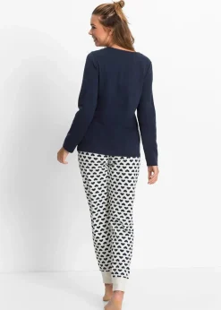 bonprix Wäsche·Nachtwäsche|Nachhaltigere Materialien^Pyjama mit Bio-Baumwolle dunkelblau/naturmeliert bedruckt