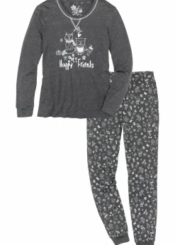 bonprix Wäsche·Nachtwäsche|Nachhaltigere Materialien^Pyjama mit Bio-Baumwolle anthrazit meliert bedruckt