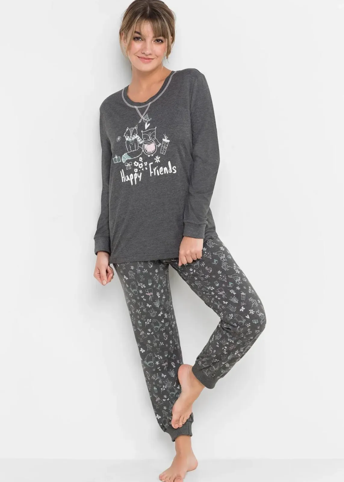 bonprix Wäsche·Nachtwäsche|Nachhaltigere Materialien^Pyjama mit Bio-Baumwolle anthrazit meliert bedruckt