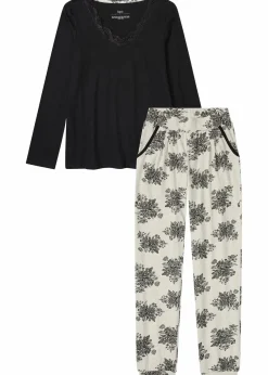 bonprix Wäsche·Nachtwäsche|Nachhaltigere Materialien^Pyjama mit dezenter Spitze schwarz/naturmeliert geblümt