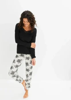 bonprix Wäsche·Nachtwäsche|Nachhaltigere Materialien^Pyjama mit dezenter Spitze schwarz/naturmeliert geblümt
