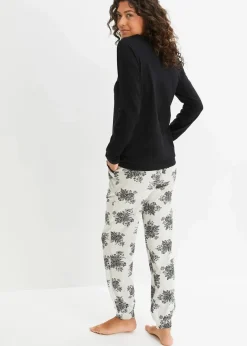 bonprix Wäsche·Nachtwäsche|Nachhaltigere Materialien^Pyjama mit dezenter Spitze schwarz/naturmeliert geblümt