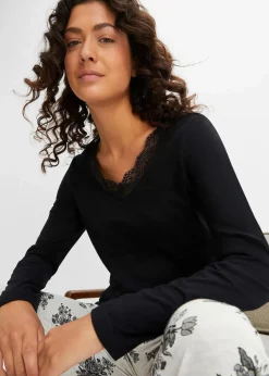 bonprix Wäsche·Nachtwäsche|Nachhaltigere Materialien^Pyjama mit dezenter Spitze schwarz/naturmeliert geblümt