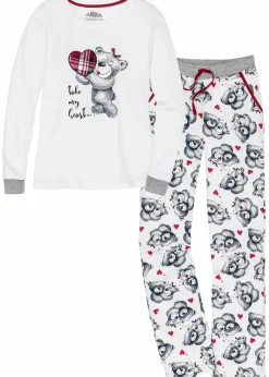 bonprix Wäsche·Nachtwäsche|Nachhaltigere Materialien^Pyjama mit Flanellapplikation wollweiß/ dunkelblau bedruckt