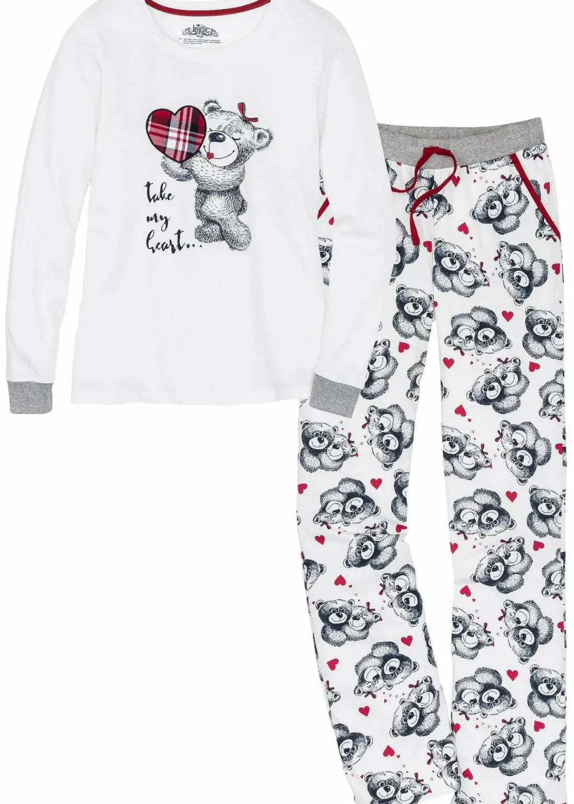 bonprix Wäsche·Nachtwäsche|Nachhaltigere Materialien^Pyjama mit Flanellapplikation wollweiß/ dunkelblau bedruckt