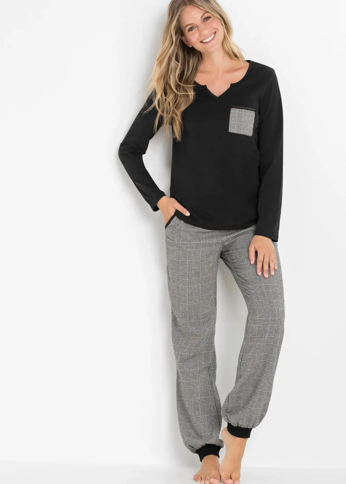 bonprix Wäsche·Nachtwäsche|Nachtwäsche^Pyjama mit Flanellhose schwarz kariert