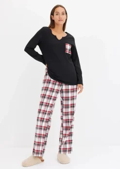 bonprix Wäsche·Nachtwäsche|Nachtwäsche^Pyjama mit Flanellhose schwarz/bordeaux kariert