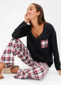 bonprix Wäsche·Nachtwäsche|Nachtwäsche^Pyjama mit Flanellhose schwarz/bordeaux kariert