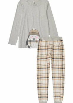 bonprix Wäsche·Nachtwäsche|Nachtwäsche^Pyjama mit Flanellhose hellgrau meliert/wollweiß kariert