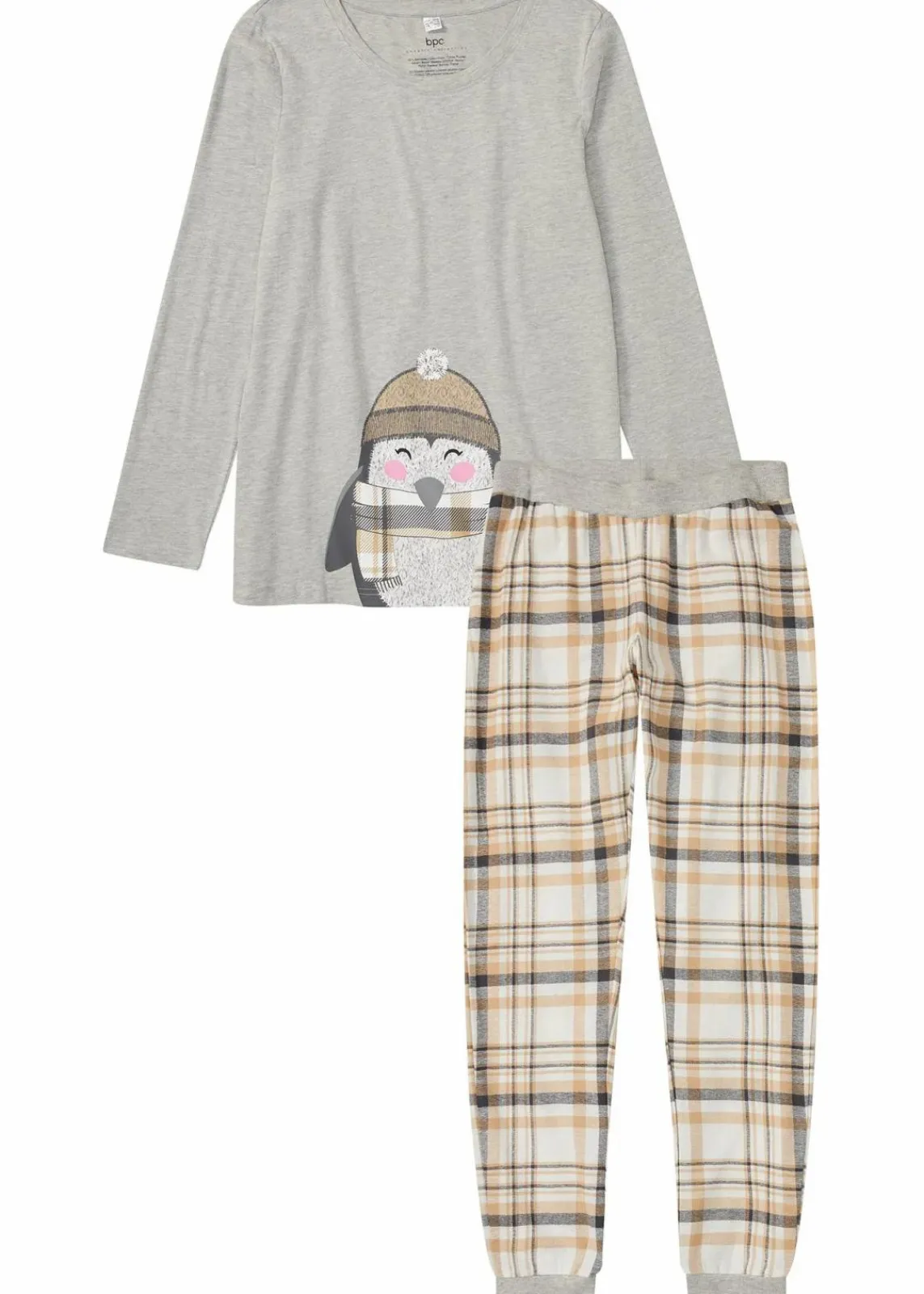 bonprix Wäsche·Nachtwäsche|Nachtwäsche^Pyjama mit Flanellhose hellgrau meliert/wollweiß kariert