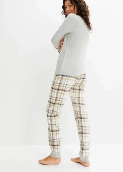 bonprix Wäsche·Nachtwäsche|Nachtwäsche^Pyjama mit Flanellhose hellgrau meliert/wollweiß kariert