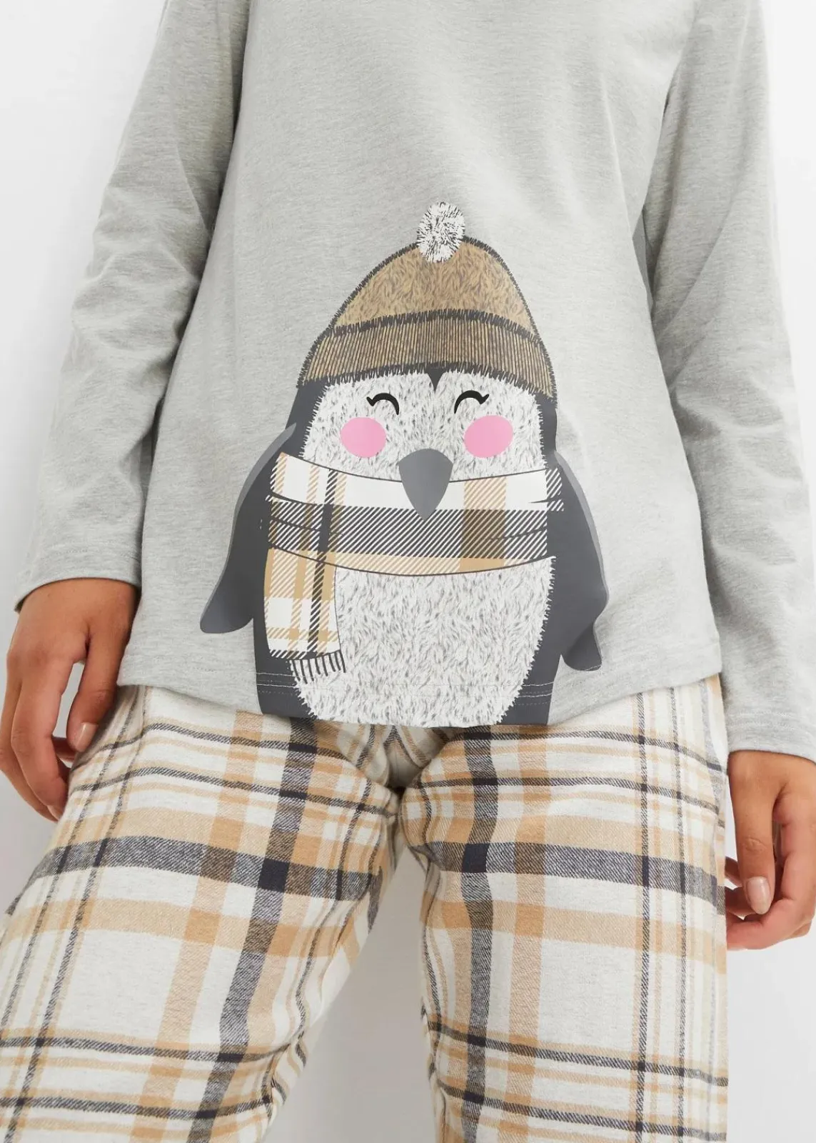 bonprix Wäsche·Nachtwäsche|Nachtwäsche^Pyjama mit Flanellhose hellgrau meliert/wollweiß kariert