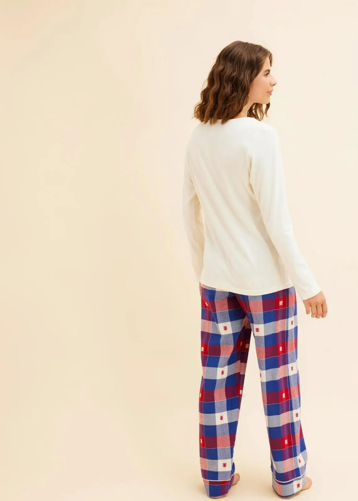 bonprix Wäsche·Nachtwäsche|Nachtwäsche^Pyjama mit Flanellhose naturbeige/dunkelrot kariert