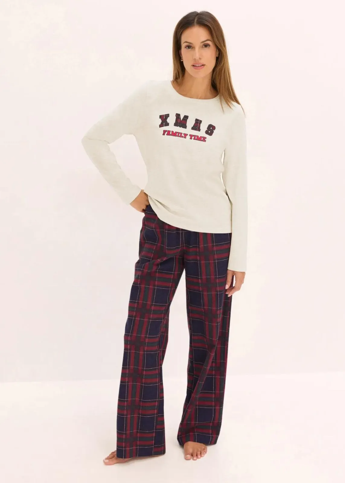 bonprix Wäsche·Nachtwäsche|Nachtwäsche^Pyjama mit Flanellhose und Geschenktasche naturmeliert/dunkelblau
