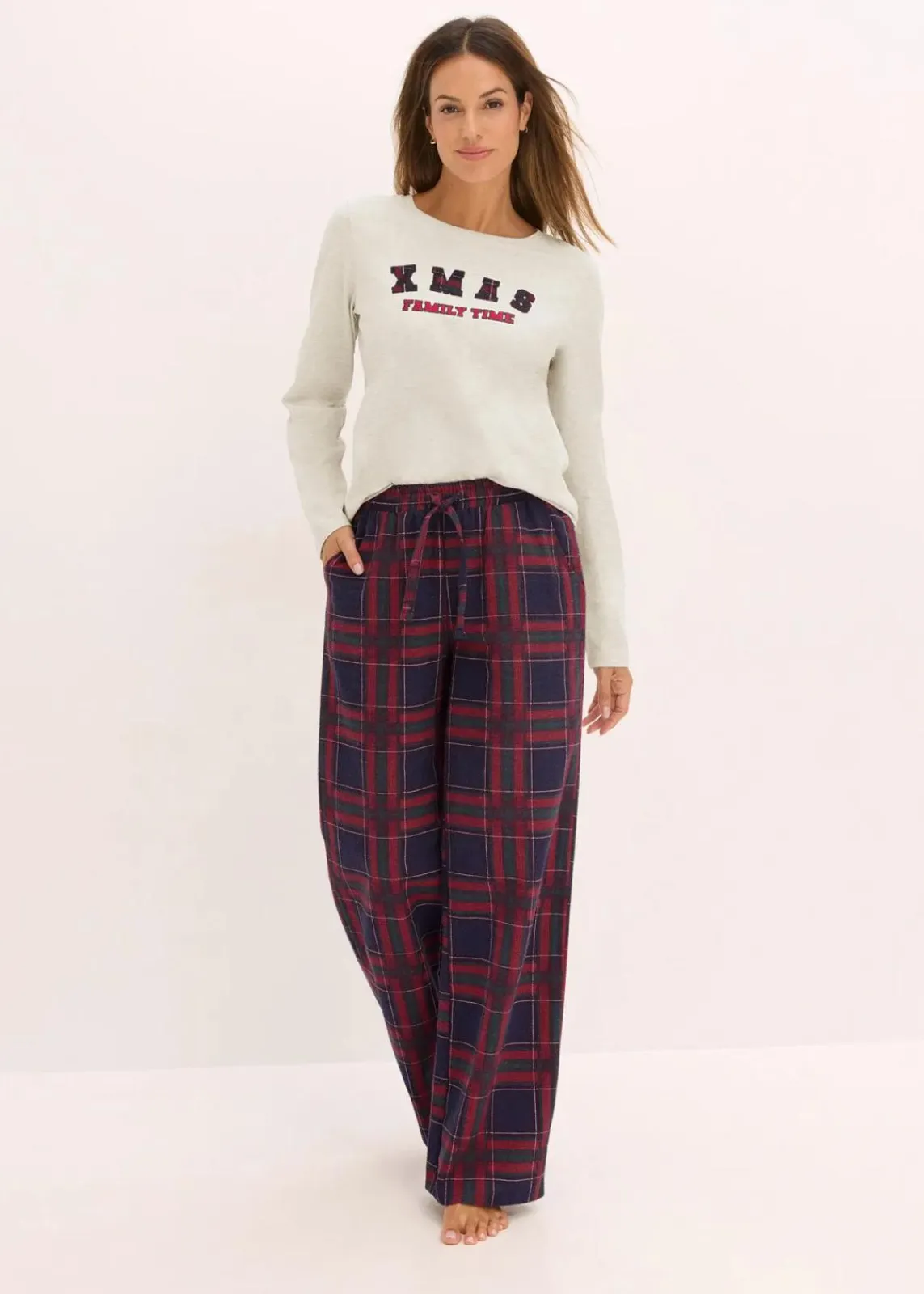 bonprix Wäsche·Nachtwäsche|Nachtwäsche^Pyjama mit Flanellhose und Geschenktasche naturmeliert/dunkelblau