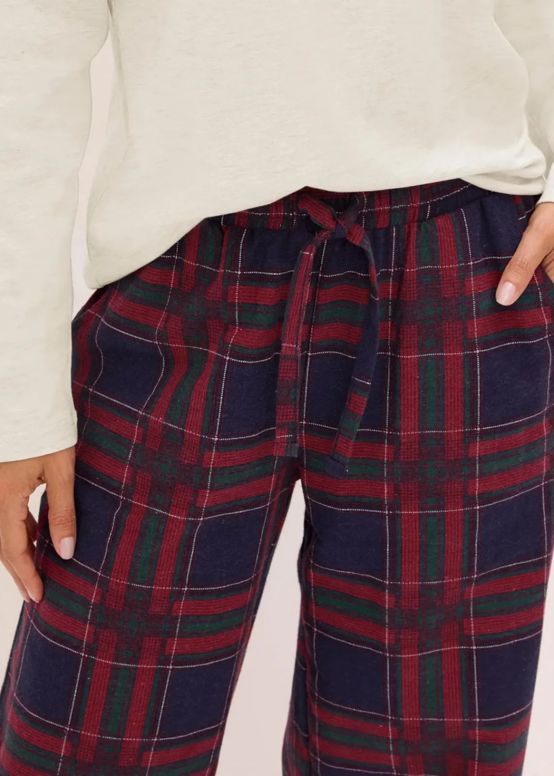 bonprix Wäsche·Nachtwäsche|Nachtwäsche^Pyjama mit Flanellhose und Geschenktasche naturmeliert/dunkelblau