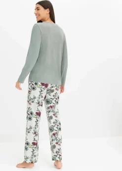 bonprix Wäsche·Nachtwäsche|Nachtwäsche^Pyjama mit Knopfleiste graugrün/naturmeliert geblümt