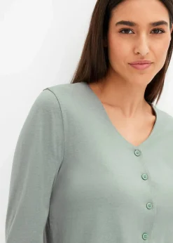 bonprix Wäsche·Nachtwäsche|Nachtwäsche^Pyjama mit Knopfleiste graugrün/naturmeliert geblümt