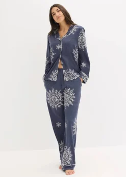 bonprix Wäsche·Nachtwäsche|Nachtwäsche^Pyjama mit Knopfleiste blau meliert/naturbeige bedruckt
