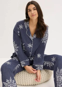 bonprix Wäsche·Nachtwäsche|Nachtwäsche^Pyjama mit Knopfleiste blau meliert/naturbeige bedruckt