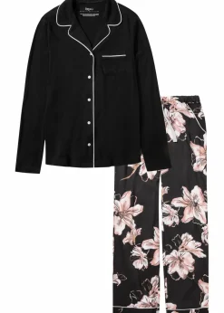 bonprix Wäsche·Nachtwäsche|Nachtwäsche^Pyjama mit Knopfleiste schwarz geblümt
