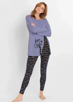 bonprix Wäsche·Nachtwäsche|Nachtwäsche^Pyjama mit Leggings dunkelblau/helllavendel bedruckt