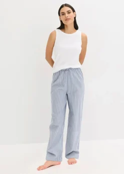 bonprix Wäsche·Nachtwäsche|Nachtwäsche^Pyjama mit Ripp Top und gewebter Hose weiß/jeansblau gestreift