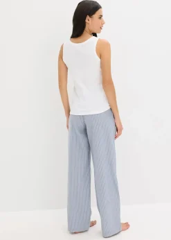 bonprix Wäsche·Nachtwäsche|Nachtwäsche^Pyjama mit Ripp Top und gewebter Hose weiß/jeansblau gestreift