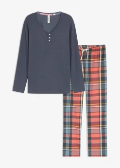 bonprix Wäsche·Nachtwäsche|Nachtwäsche^Pyjama mit Rippshirt und Flanellhose aus Glitzergarn nachtblau/rhabarber kariert