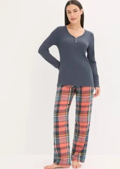 bonprix Wäsche·Nachtwäsche|Nachtwäsche^Pyjama mit Rippshirt und Flanellhose aus Glitzergarn nachtblau/rhabarber kariert
