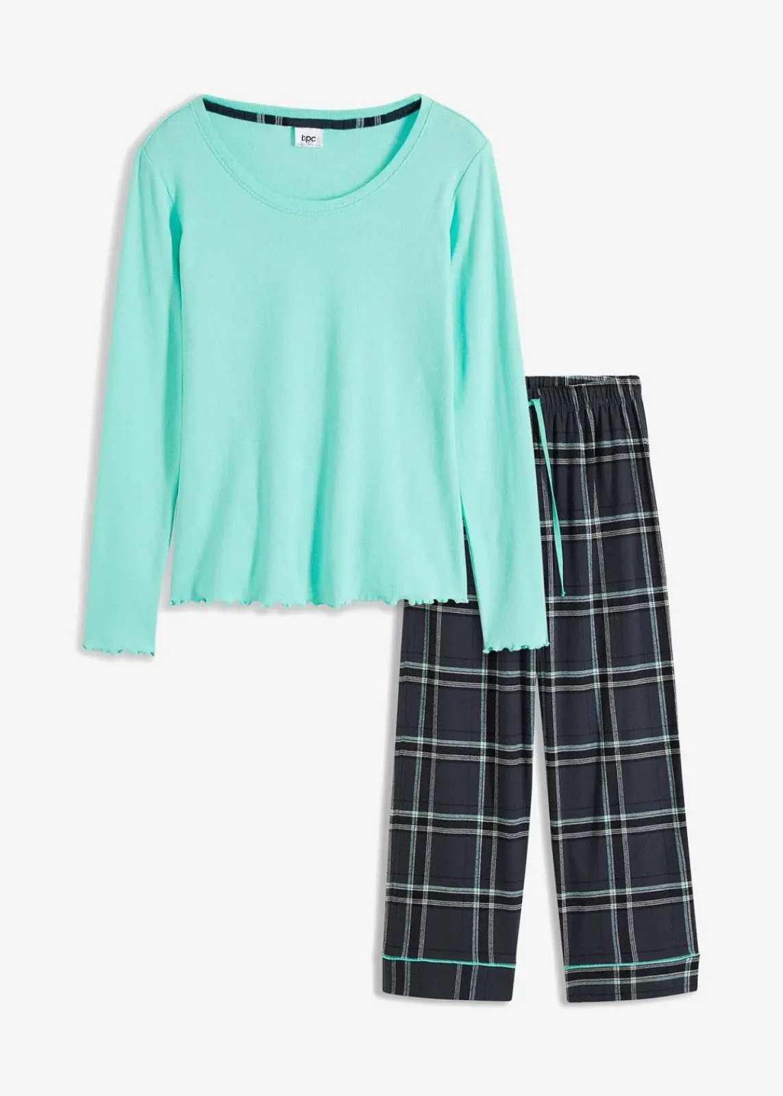 bonprix Wäsche·Nachtwäsche|Nachtwäsche^Pyjama mit Rippshirt und Flanellhose mentholblau/nachtblau kariert