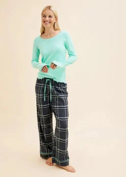 bonprix Wäsche·Nachtwäsche|Nachtwäsche^Pyjama mit Rippshirt und Flanellhose mentholblau/nachtblau kariert