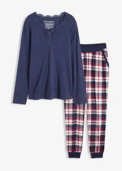 bonprix Wäsche·Nachtwäsche|Nachtwäsche^Pyjama mit Rippshirt und Knopfleiste dunkelblau/naturmeliert kariert