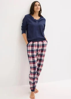 bonprix Wäsche·Nachtwäsche|Nachtwäsche^Pyjama mit Rippshirt und Knopfleiste dunkelblau/naturmeliert kariert