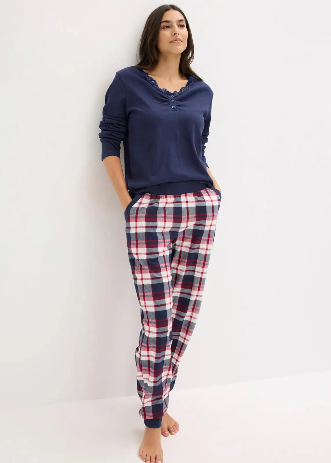 bonprix Wäsche·Nachtwäsche|Nachtwäsche^Pyjama mit Rippshirt und Knopfleiste dunkelblau/naturmeliert kariert