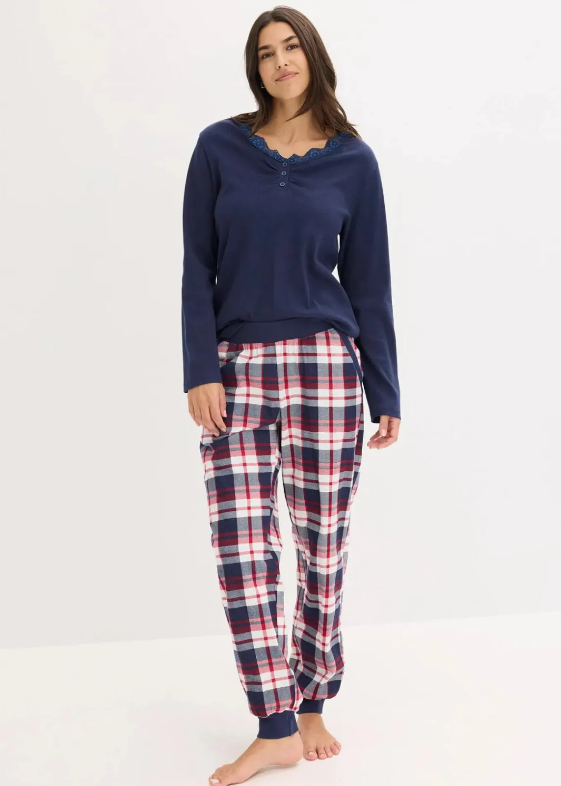 bonprix Wäsche·Nachtwäsche|Nachtwäsche^Pyjama mit Rippshirt und Knopfleiste dunkelblau/naturmeliert kariert